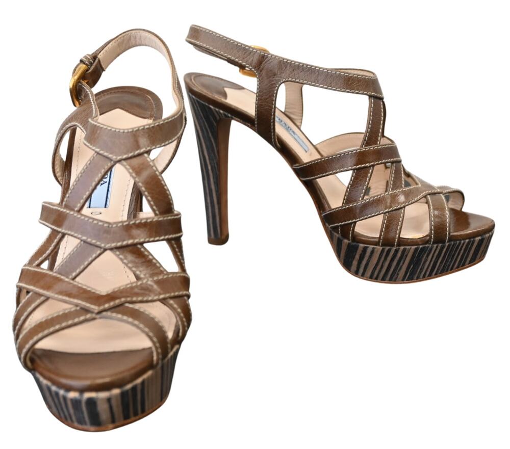 Prada Brown Leather Strappy Caged Platform High Heel Sandals Size 37